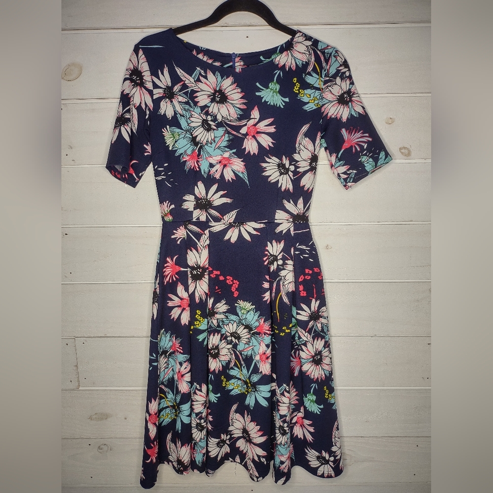 Oxiuly Navy Floral Pattern A-line Dress